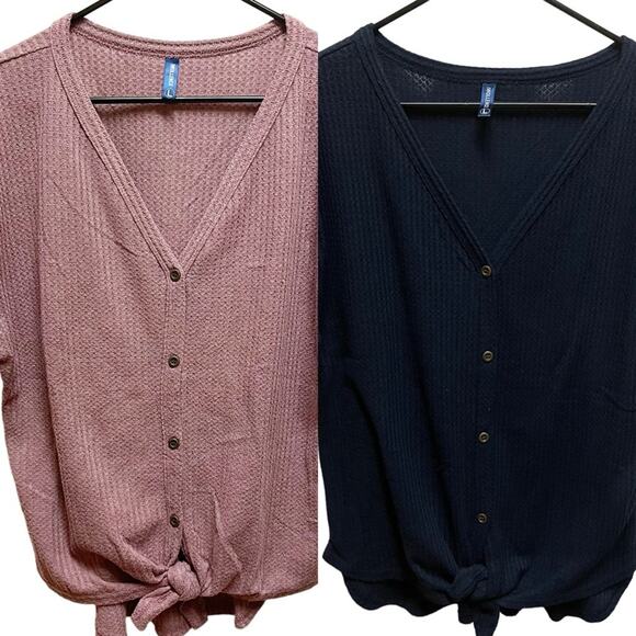 Iwollence Lot of 2 Waffle Textured Front Knot Blouses in Mauve and Navy Blue L - Picture 1 of 11